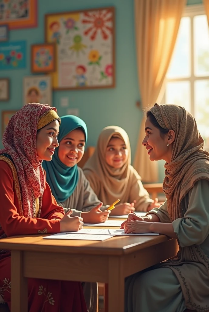 Three of hijab girls with one of them is chubby and they are working and study about information technology course.