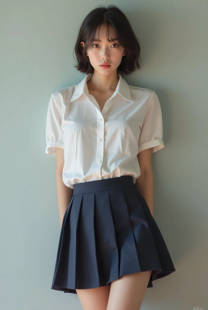 absurdres, RAW photo, extremely delicate and beautiful, masterpiece, Best Quality, ultra high resolution, 32k, hyperrealistic, ultra-detailed, perfect anatomy, perfect figure, super Detailed skin, 20 years old, very Slim body, narrow waist, very small head, very small face, delicate facial features, tearful mole, earring, thin legs, bare legs, ((very huge round breasts)), short medium hair, ((wavy hair)), wet clothes, school_uniform, dress shirt, pleated skirt,