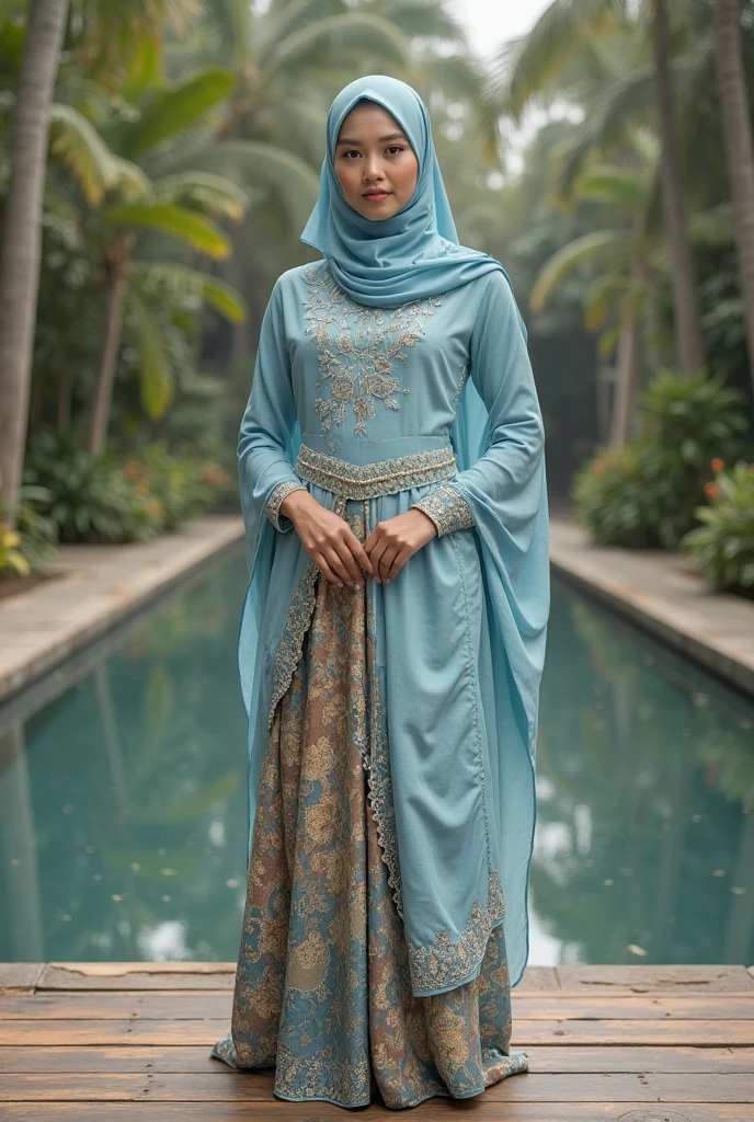 Realistic professional photography, with perfect lighting, Indonesian Muslim women posing like professional models in front of the sparkling lights of a mega mosque in front of which is a large pool with very clear water at night. She was veiled, wearing a traditional syar'i dress in deep purple with a floral motif and modern UHD sandals. very detailed
