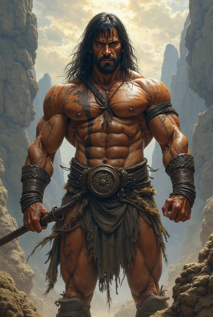 Extremely muscular man, chiseled features, washboard stomach, dark hair, detailed eyes, fierce expression, conan the barbarian, frank franzetta, 