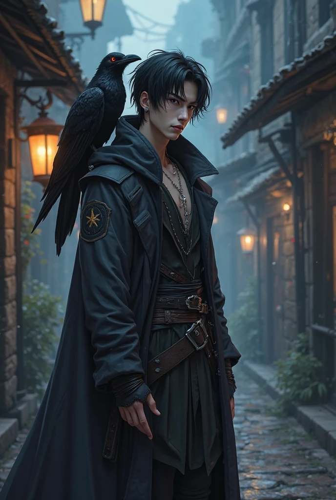 can you generate an image of guy wearing a  attire with an owl in his shoulder then make him black and put a necklace with name Haru then put his background in library