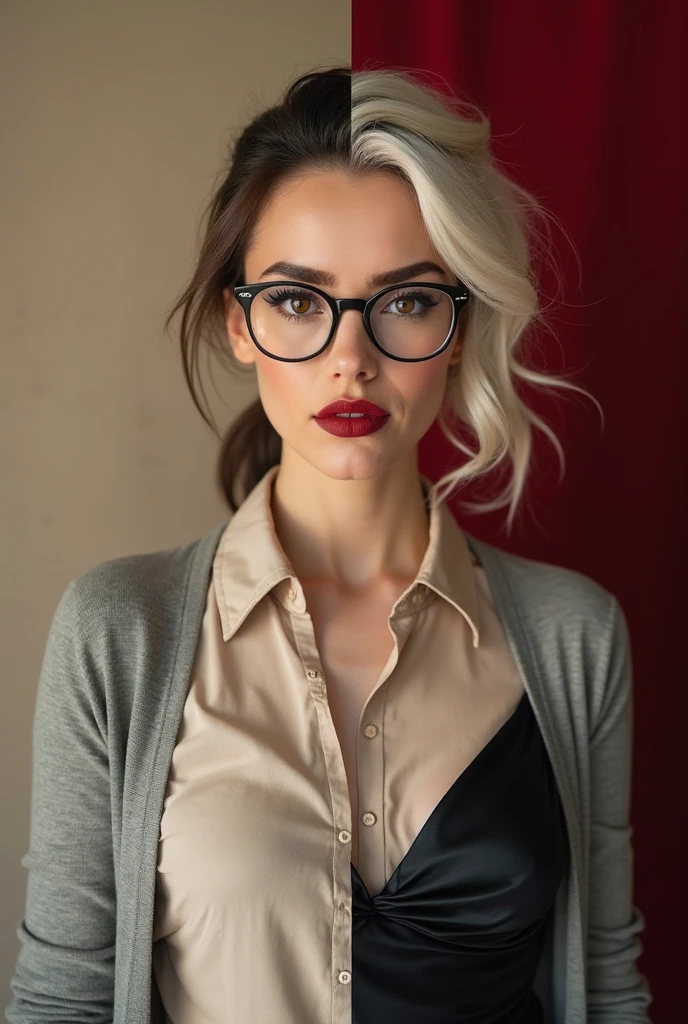 “Hyper-realistic image of a stylish, (woman with short tousled gray hair and wearing round glasses). She is dressed in a modern kimono featuring a bold design with a rising sun motif and intricate pattern. She has visible tattoos on her arms, adding to her edgy and contemporary look. The setting is a well-lit room with a minimalist decor. Capture her confident and sophisticated demeanor as she casually adjusts her glasses while seated on a wooden chair.”