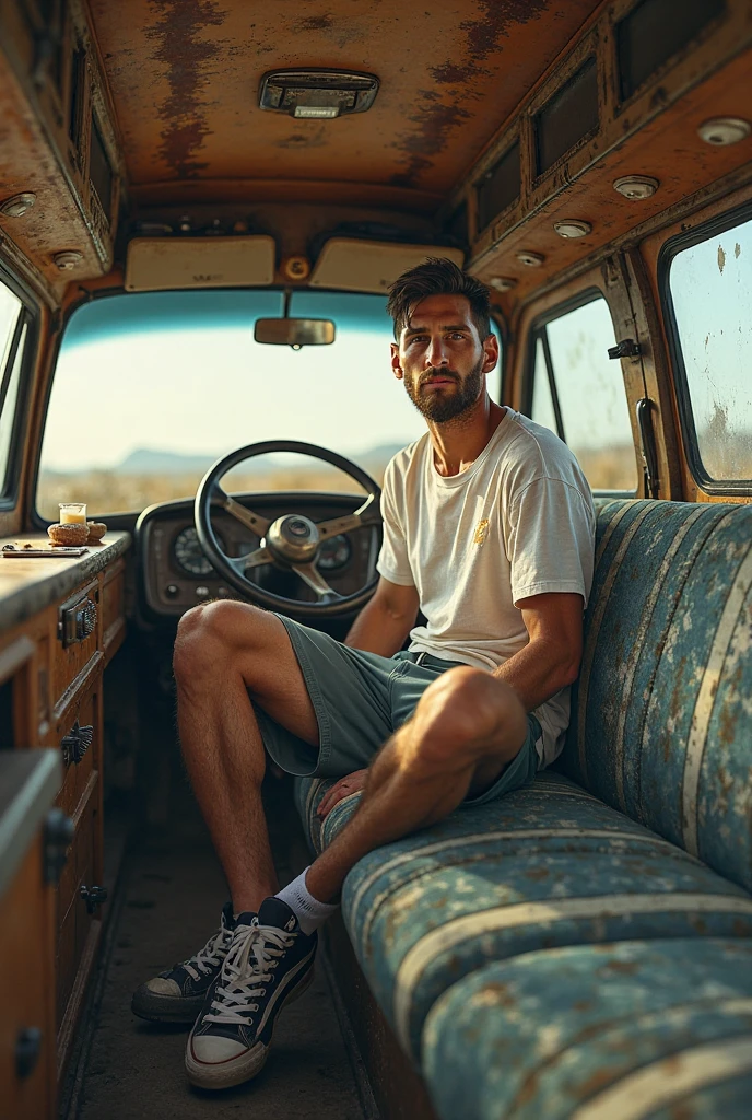 Young hairy bearded man driving in underwear inside car.