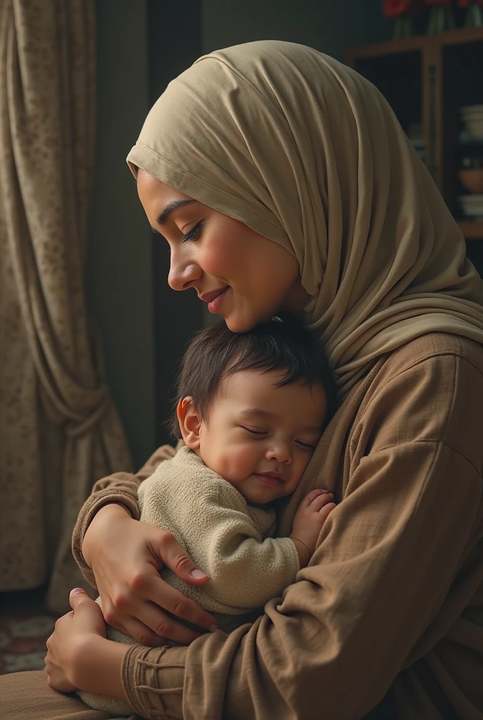 A baby boy is held by a beautiful Muslim woman on the floor of the house in 2003