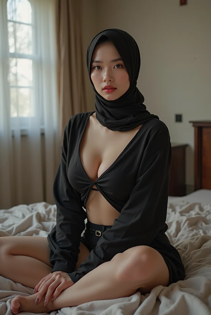 Korean girl, wearing open-buttoned nightgown, wearing hijab,showing big breast,sit on the floor, wearing black underwear, while holding her back
