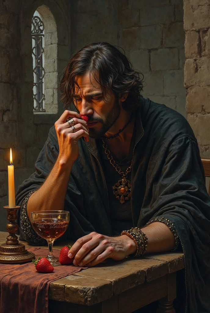 Caucasian male 38 years old, strong manly. Brown hair, green eyes and beard. At a table full of wine glasses wearing a black and brown outfit with a drawing of a wild boar on the chest and a necklace with a very large cross. medieval clothing, war of two thrones style