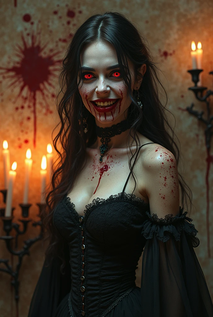 Photo of redhead DJ nun woman with blood dripping down her face, detailed skin texture, wavy hair, fangs, bokeh background, at night, 1girl, grin, horror theme, maniacal smile, predatory eyes, ultra realistic, Tim Burton style, she is in a rave inside a church, vampires in the background.