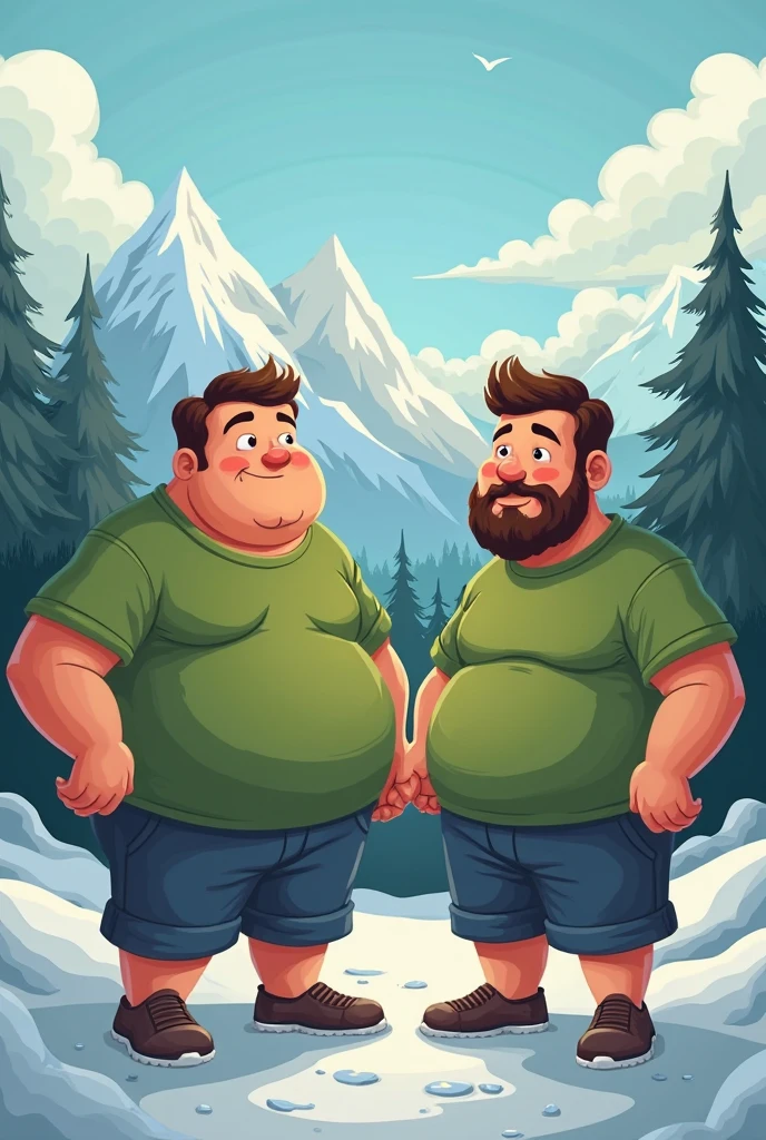 I would like to create a gay couple, both with beards, wearing no shirt, chubby body and glasses. On the deck of a chalet, cooking meat on a barbecue and looking at the green trees around the chalet