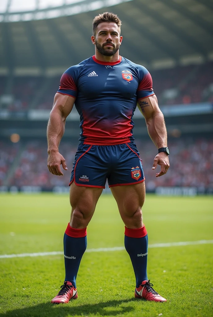 Tall, strikingly handsome hunky young college male rugby player, ginger fade haircut, chiseled masculine hunk face, muscular chubby body and huge enormously fat belly, wearing tight rugby shirt and small white rugby shorts