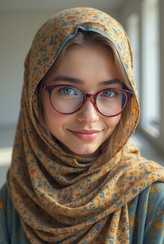 A teenage female with dark brown eyes, with hijab, thick lips, high, thin and with a shy expression, put on  oakley glasses,3d render