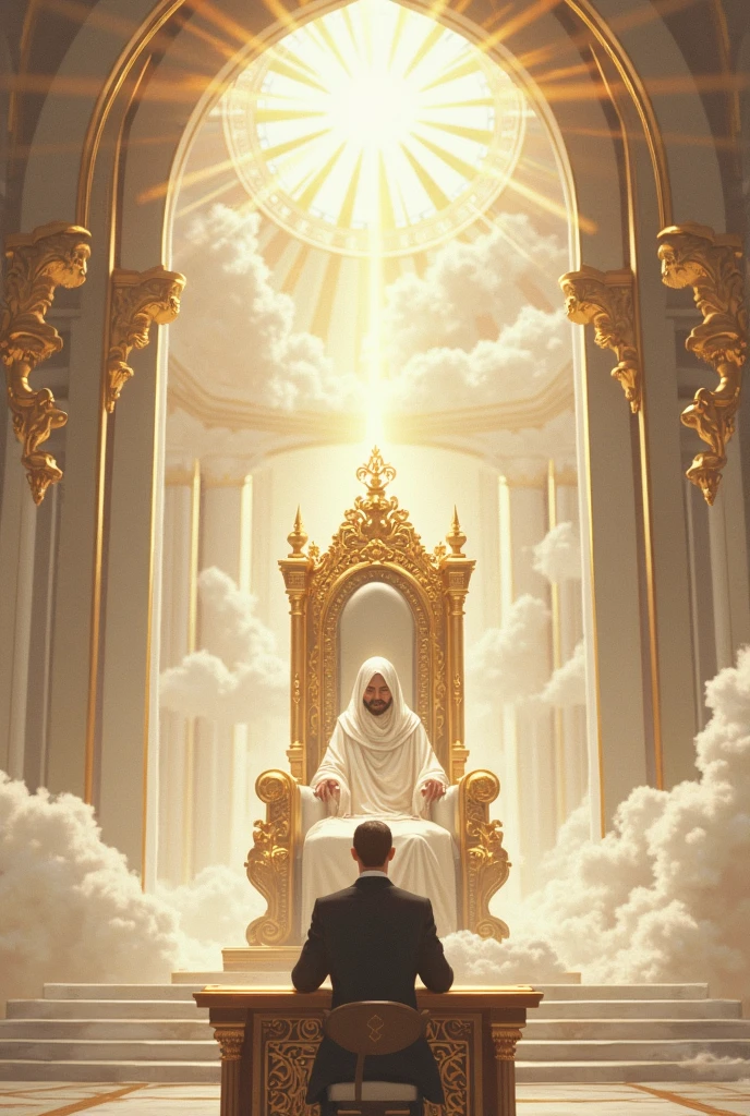 Crie uma imagem realista , where an older man is caught up to heaven and finds the throne of God. the image needs to reflect the passage in the Bible where Paul describes his rapture.