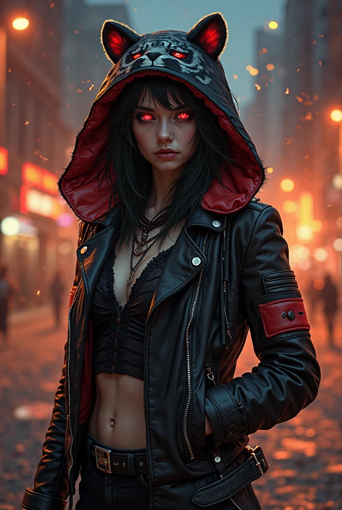 Matty, the Caucasian Elf from D&D, best quality, ultra-detailed CG unity 8k wallpaper, crouching, high resolution, dynamic pose, beautiful face, (green eyes:1.2, black hair:1.3, middle parted bangs, black leather top, black leggings, black cloak with hood up, cleavage, bare midriff), depth of field, dark cityscape, dark light, night time), wielding black and red magic with her right hand