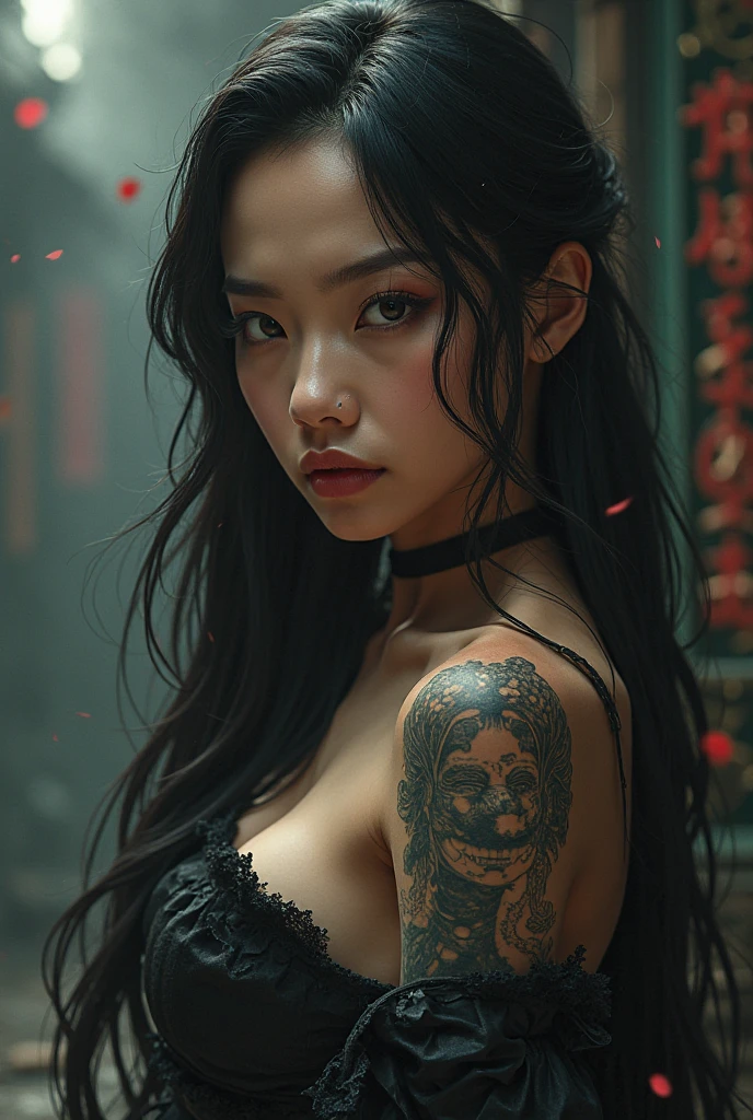 巨作, The best quality, Ultra-high resolution, Beauty, Elegance, Elegance, Award-winning art, a woman with many tattoos, （Yuko Shimizu's style：1.1），portrait of a beautiful,Lace slip dress, Rebecca Guai's style, Red lips, model poses,dark haired， blue eyed, Red lips, The streets of Tokyo， visual shock, gorgeous