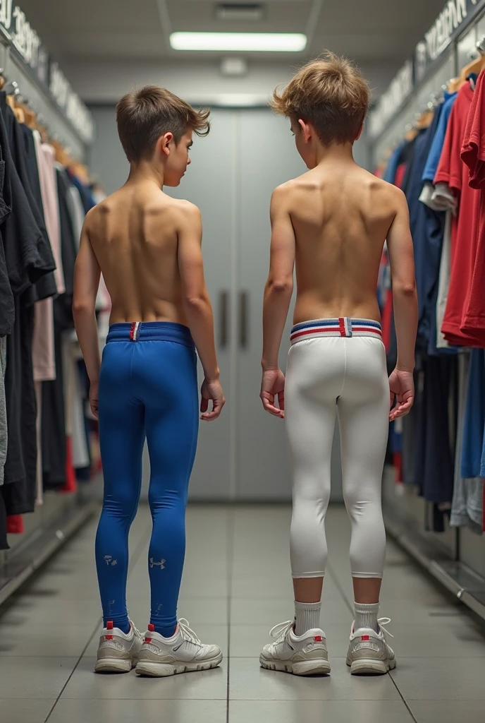 two twink boys wearing tight briefs in doggy pose, one standing with legs apart, buzz cut, smooth body, cute european face, smiling, high quality, natural face, standing in the middle of a busy night street