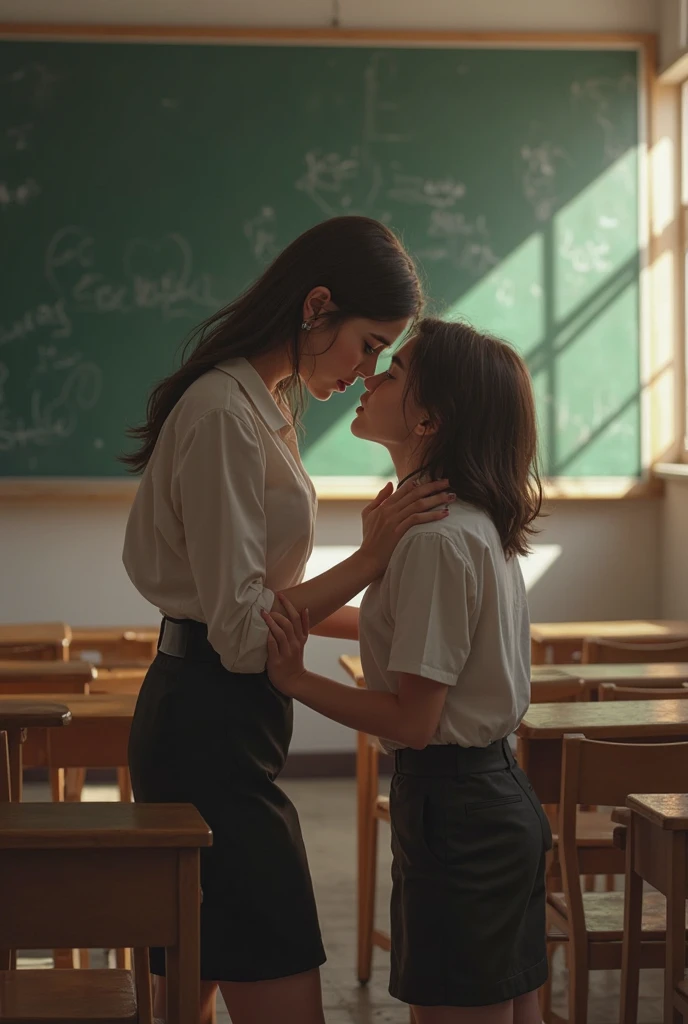 40 year old woman in short hair and formal wear kissing a young schoolgirl in shiny neon latex leggings and crop top in an empty classroom, the girl has her back to the camera, the woman has her hand on the girls butt