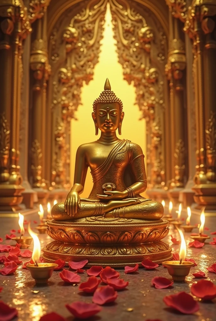 /imagine prompt: A serene temple interior illuminated by soft candlelight. An ornate golden Buddha statue sits on a raised platform, surrounded by offerings of flowers and incense. A monk in saffron robes is meditating peacefully in front of the statue. The air is filled with the soothing sounds of chanting and gentle bells. The overall atmosphere is one of tranquility and spiritual devotion.
