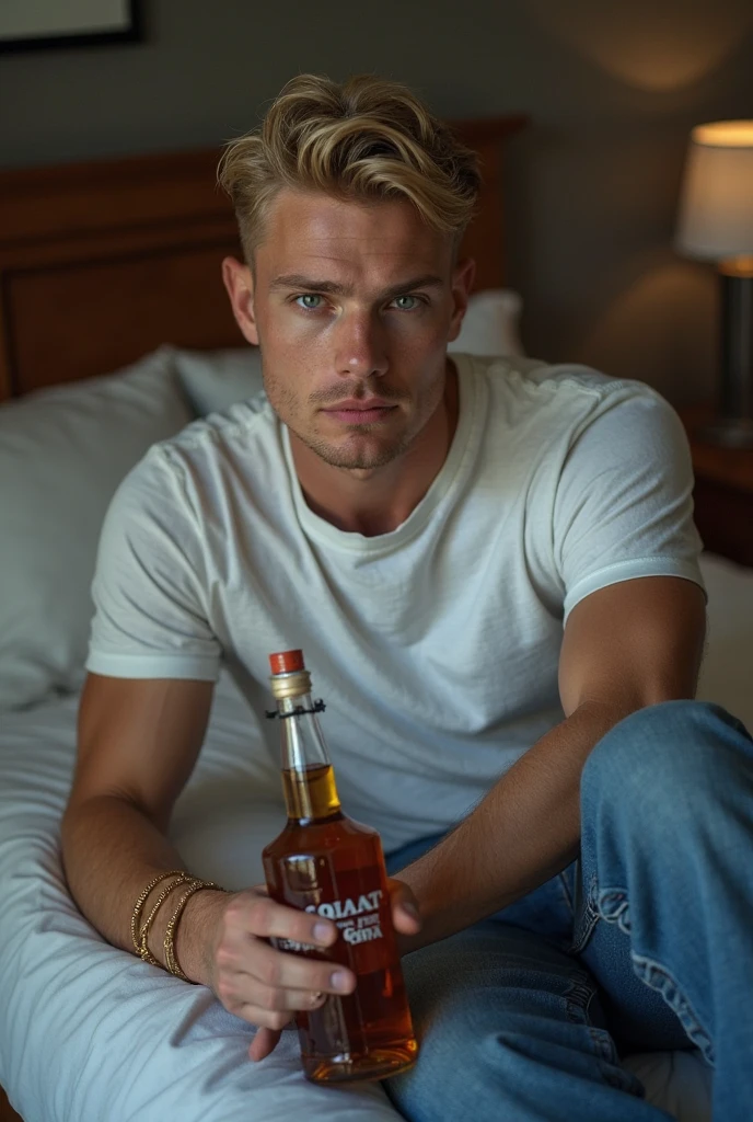 short blonde hair man, Delgado, with Russian features , sitting in an armchair listening to music, drinking whiskey