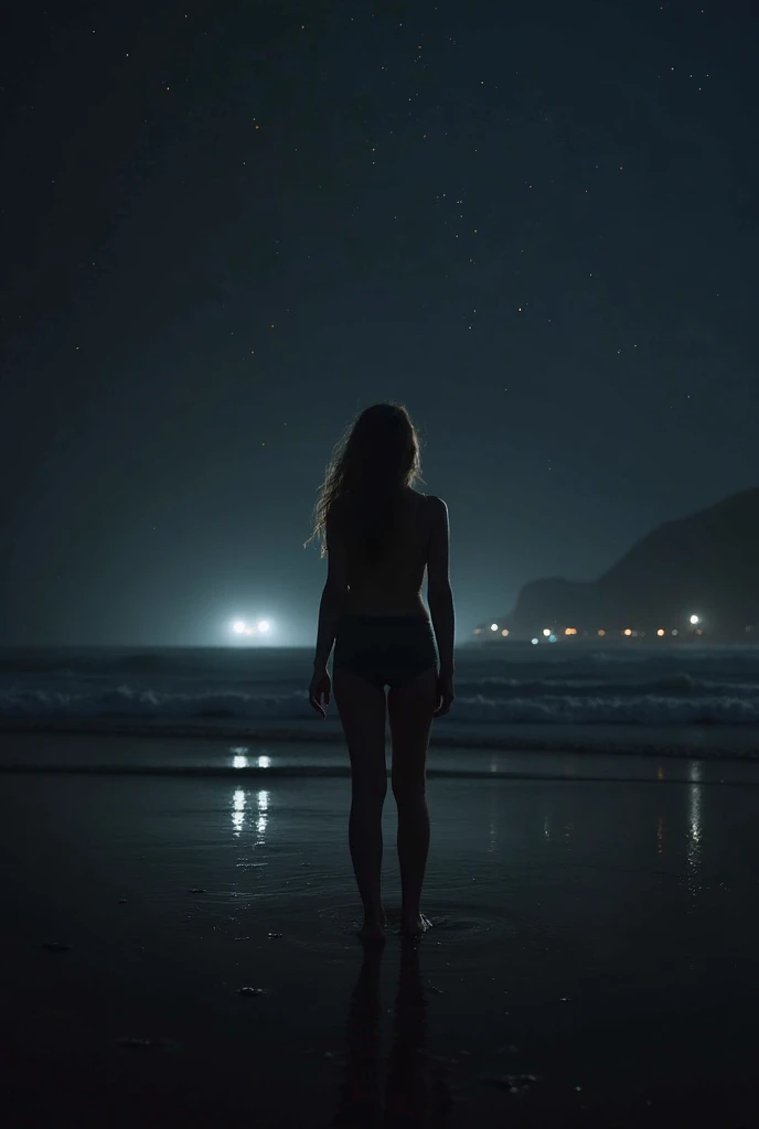 A moody blonde female breton poses seductively against a darkened beach backdrop, illuminated only by the soft glow of stars and the distant hum of city lights. She wears a skimpy black bikini, her fiery locks cascading down her back like a waterfall of midnight. The camera captures her sultry gaze, her eyes seeming to pierce through the shadows as she strikes a dramatic pose, one leg bent at the knee, her hand resting on a weathered beach rock. semi-naked, wearing bikini