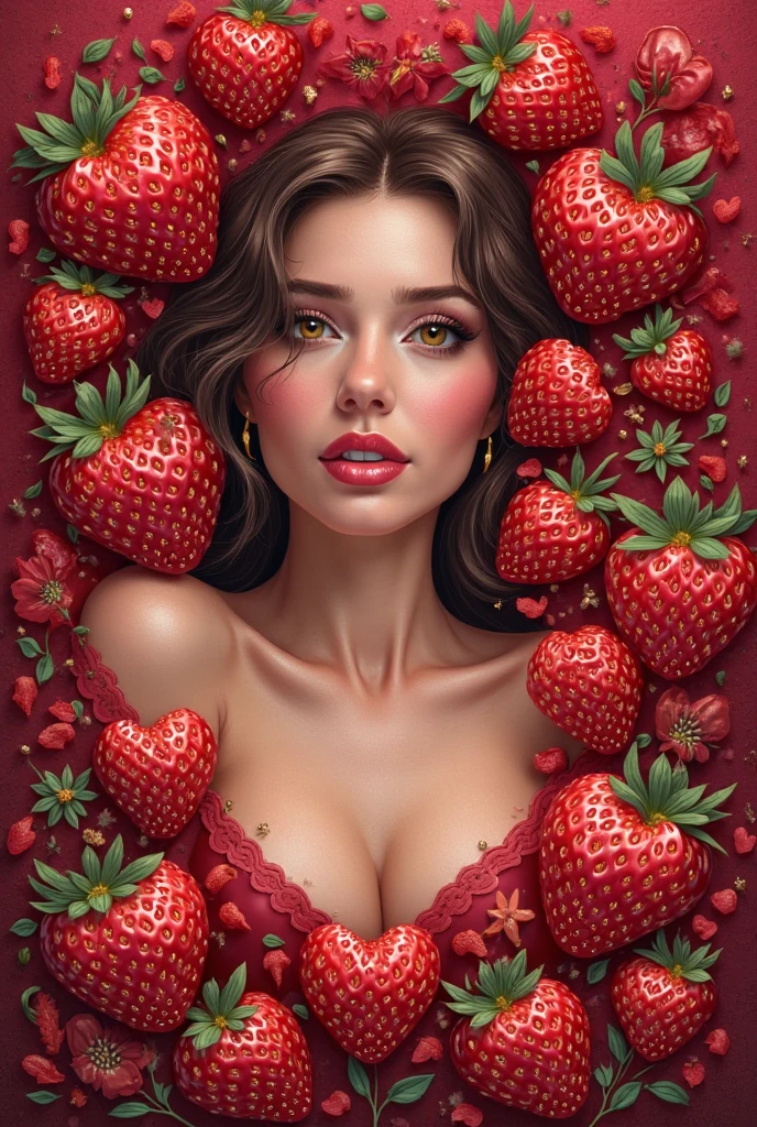A Strawberry, ((Masterpiece, top quality, high resolution, highly detailed CG unified 8K wallpaper)), (huge stunning goddess shot, very hot and sexy, jaw-dropping beauty, perfect proportions, beautiful body, slim body beauty:1.3), (dynamic pose, dynamic composition), young woman in strawberry motif dress, long red hair, beautiful face, looking at you with moist eyes, strawberry earrings, red strawberry short dress, spreading legs, no lingeries, see clear pussy (strawberry pinched in one hand on face, strawberry white flowers in background),
