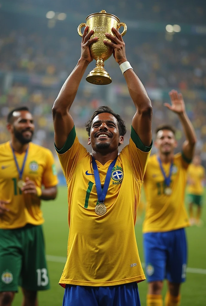 Visualize a Brazilian athlete on the Olympic podium, the high point of the celebration, with the national flag in the background and a cheering crowd. The athlete is standing with a big smile, proudly holding the gold medal. on wrist, a modern smartwatch is visible, displaying a vibrant display that shows heart rate monitoring in detail.

On the smartwatch screen, dynamic charts and numbers are clearly visible, demonstrating the athlete&#39;s heart rate. This data may include the current frequency, heart rate variability graphs and even training zones, highlighting the importance of continuous monitoring during the event and the accuracy of the data collected. The combination of the emotion of the podium and advanced technology on the athlete&#39;s wrist underscores not only the sporting achievement, but also the vital role of technology in elite preparation and performance.