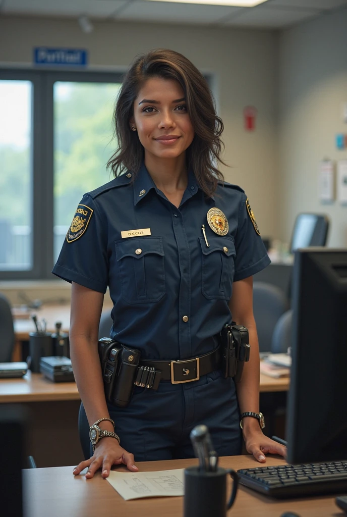 (medium full shot) of (bonnie young woman:1.1) soldier, black american with fringe hair, dark eyes, dark skin, curvy, wearing Dark navy blue uniform with double-breasted jacket, A-line skirt, knee-high boots, officer's cap, smiling at the viewer, making a finger gun gesture with her hand, .set in military base Communications Room, Secure space with rows of servers humming, technicians monitoring screens, encrypted messages flashing across displays, satellite dishes outside the window, and a red emergency phone on the wall . ,Masterpiece,best quality, photorealistic, amazing quality, very aesthetic, extremely detailed face,