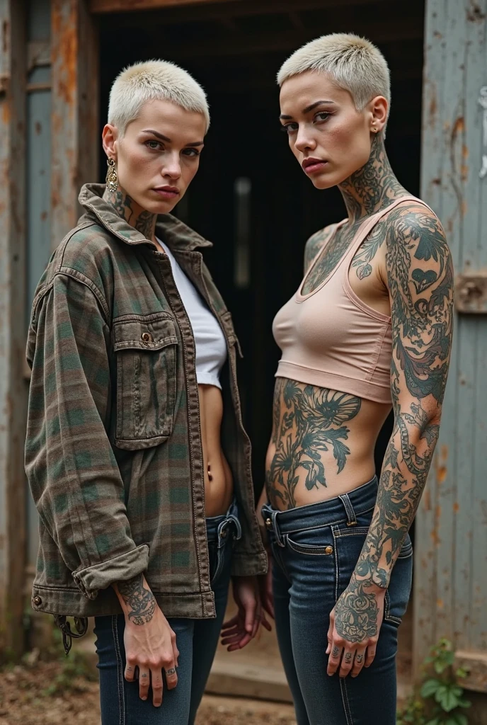 Enhance Laurence Bedard posing elegantly  Focus on making her tattoos more detailed and vibrant, refining her hairstyle, and perfecting the fit and texture of her outfit for a realistic, high-quality finish."