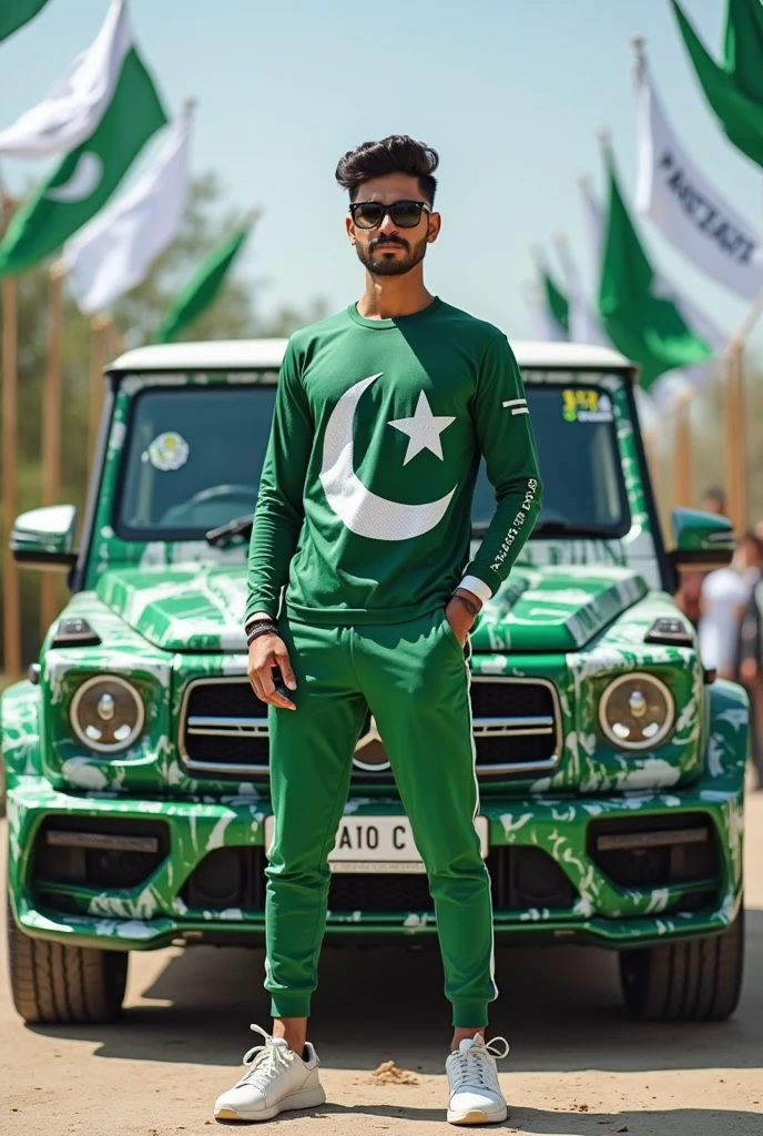 Create an image a man has in his hand Pakistan flag and stand the car this car colour is green men pent colour is white and his shoes is green and his T shirt colour is green"Amir" name write in his T shirt