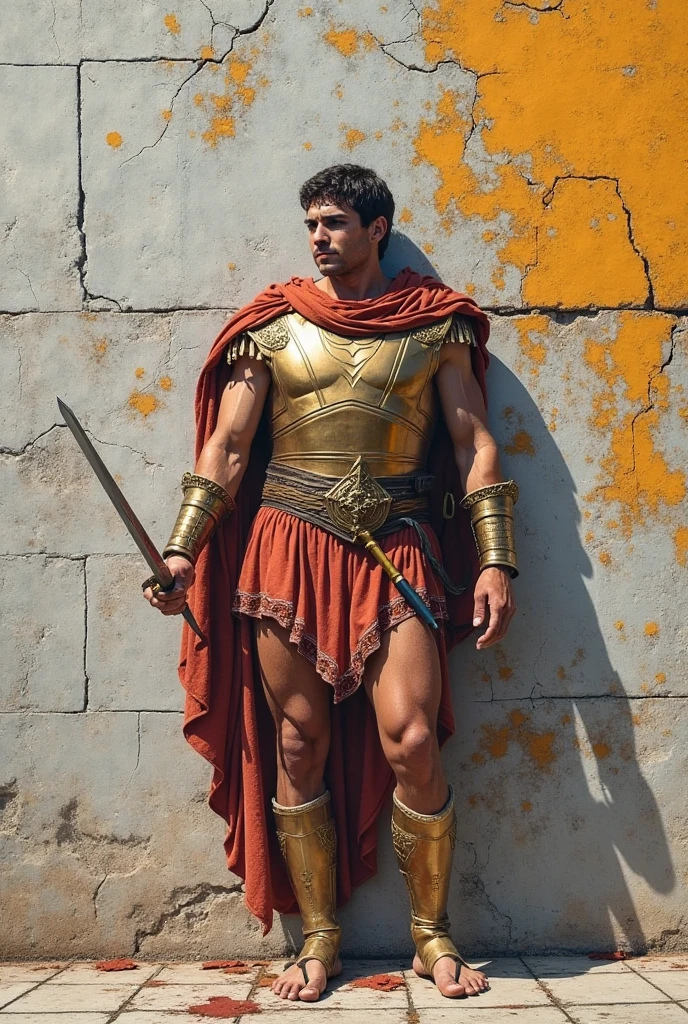 ((masterpiece)),((best quality)),8k, high detailed, ultra-detailed, Stylish Pose, real skin texture, dark cinematic lighting, full body shot, 35 mm lens, night, dark night, masculine, 26-year-old Italian male model, handsome Roman, he is the god of war, he is Ares, Mars, evil-looking, strong look, light green eyes, emerald green eyes, strong jawline, square jaw, dressed as a gladiator, ancient gladiator, male gladiator skirt, shaved face, buzz cut hair, short wavy hair, dark brown, shirtless, top naked, smoke, fire, open field, battle, background, blood on his chest, , , flawless skin, high detail, destroyed ancient Rome, ancient army in the background, dark storm, dark atmosphere, dark cloudy night,,,,,Depth of field