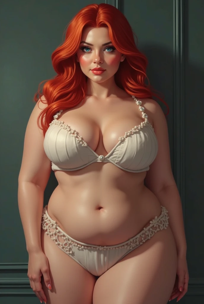 Pregnant triss merigold, red lipstick, bright green eyes, stressful, very excited, steamy, blushing, panting, tongue out, wedding dress, tiara, double chin, chubby body,bbw, morbidly obese, fat, pregnant belly, pregnancy, big womb