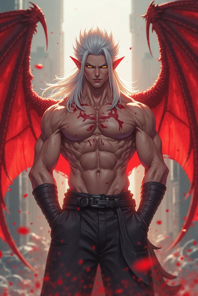 Realistic Digital Painting with Concept Art Elements"," digital painting," "concept art," "realistic," "high detail", "muscular",, "high-res", "ominous aura,", "8k resolution", "oil painting", "darker tone" , "little saturation" ,"dark feeling", "concept art" , "detailed features" , "detailed eyes" "1man" , "demon" , "large horns" , "Fangs" , "long hair", "short stubble on chin", "long nails" , "Asmodeus" , "full body" , "covered in blood" , "smiling" , "amazing background" , "laying in bed" "dark castle background" , "head resting on hand" , "large and imposing" , "scruffy beard" , "naked" ., "full body" , "looking up at viewer" , "very sexy" ,