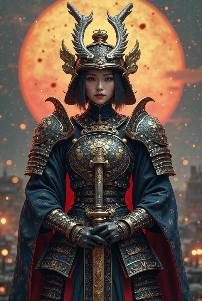（Photorealistic:1.4）、1 beautiful Japanese woman, (Onmyoji:1.2) Women Who Wear Multiple Layers All Over ( Orichalcon Heavy Metal :1.2)、(Red Orichalcon armor with complex shapes:1.2)、 Armor Helmet with Complicated Shape Detailed reproduction 、adds an intricate mandala pattern to his armor helmet、Light up the mandala pattern、、（Sitting in the lotus constellation ）、(( Insanely Detailed Kongo Weapons 、Kameru：1.4))、perfect 、 Shingon Esoteric Worldview 、Ancient city background、Glowing Skin、、Straight Short Bob Cut Hair、No bangs 、 Please make your head smaller、full body、