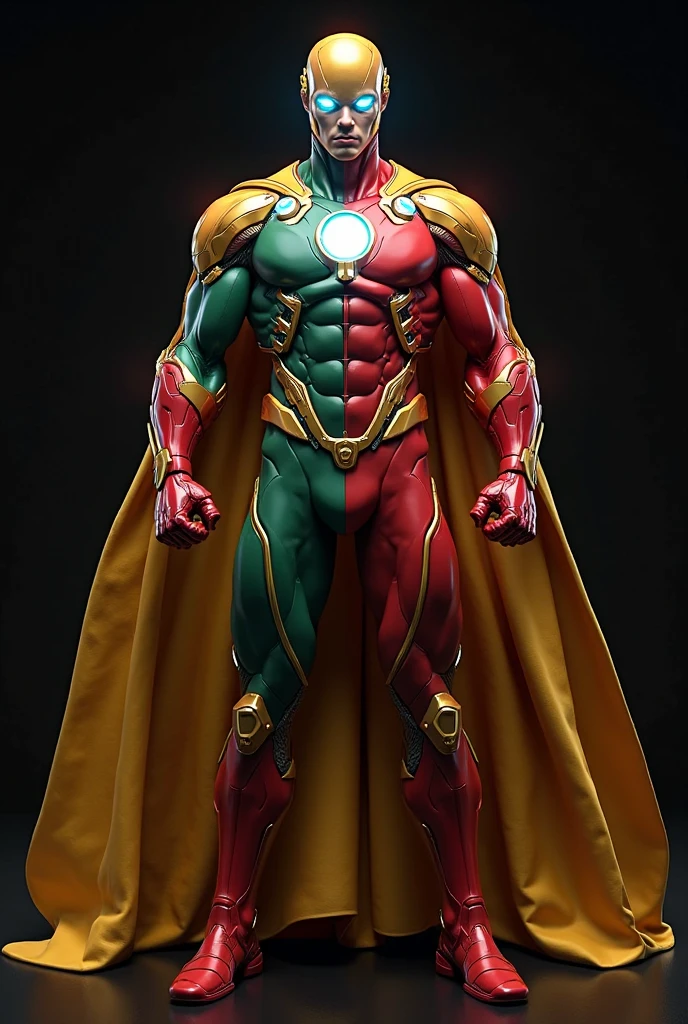 a man dressed in a superhero outfit, red and yellow clothes, with a brown cape and a drawing of an asteroid on the chest, red and yellow mask