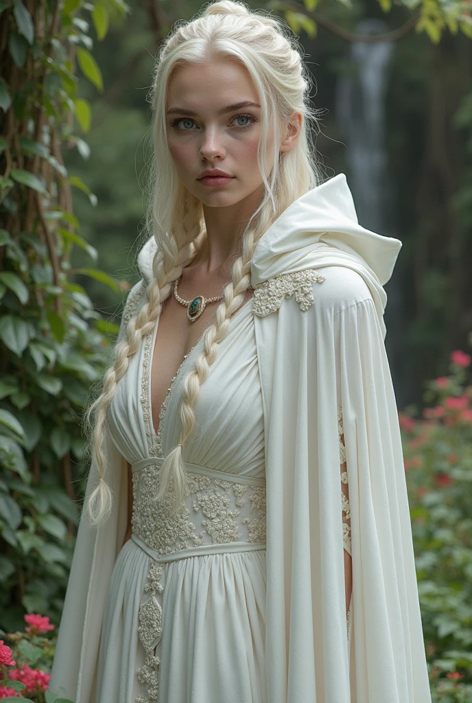 A girl with white hair and dressed as a fantasy priestess 