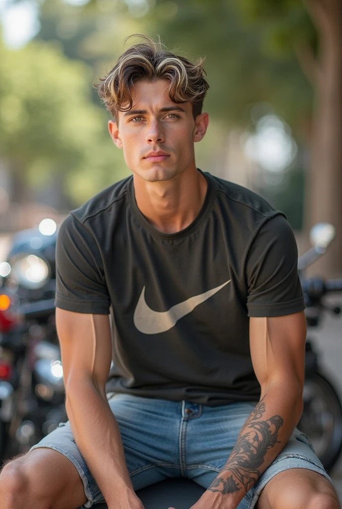 male focus, photo of sc_nxn <lora:sc_nxn-07:0.85>, relaxed confident expression, sitting on the edge of a New York City rooftop, urban aesthetic, wearing a well-fitted yellow graphic t-shirt and jeans, blurred background, light bokeh, golden hour, depth of field, subtle shadows