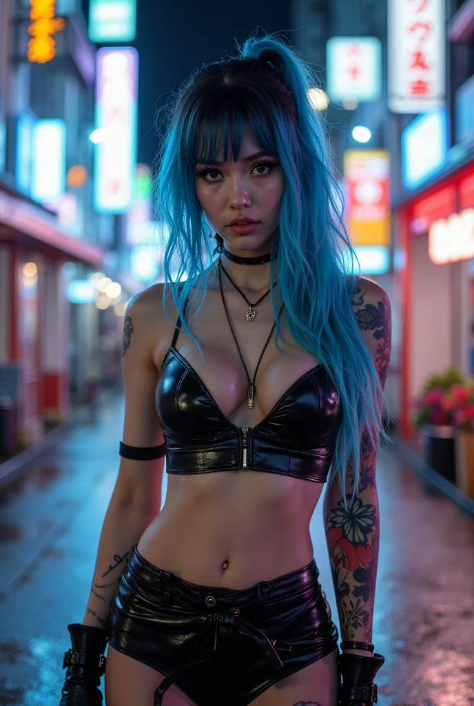 Megan Fox as long blue hair a sexy cyberpunk