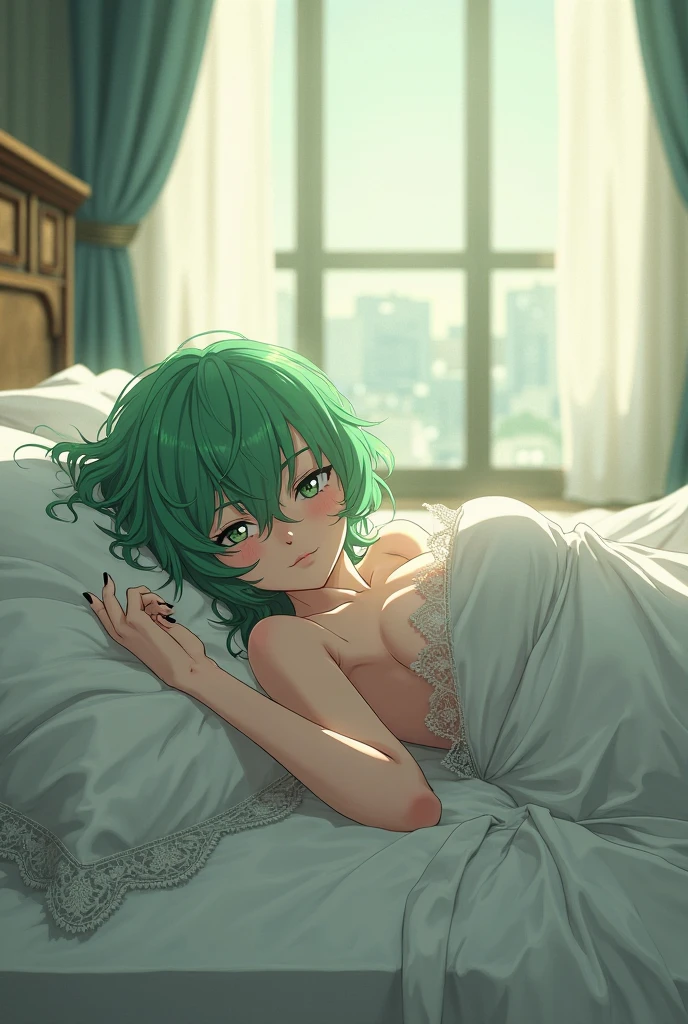 1girl, solo, indoors, on bed, lying, sleepy, pillow, cloled eyes, half-open mouth, blush, breasts, large breasts, cleavage, yellow pajamas, Polka-dot patterned nightgown, medium hair, lime green hair, dark skin,