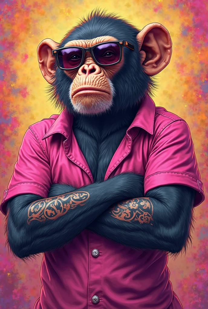 1 purple female monkey, with a red gangster suit with chains, hat and glasses, tattooed, with huge diamond and gold rings, smoking with a pipe, making a heart with both hands