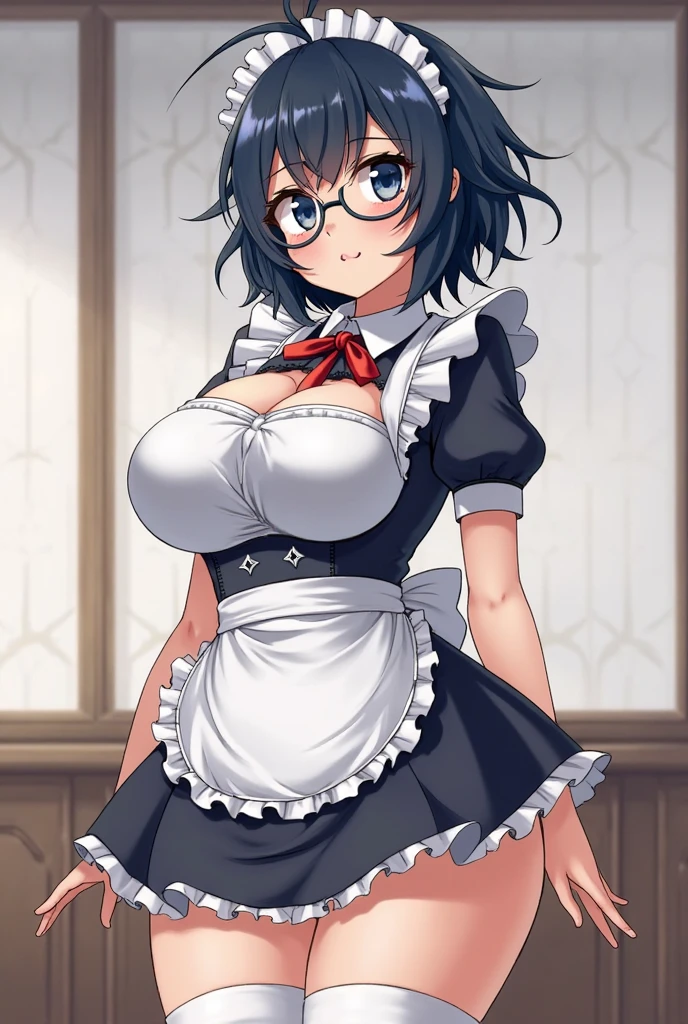 Beautiful young teenager, 1girl, purple hair, blue eyes, extremely short hair, (freckles 1.2), framed eyeglasses, heart shaped choker, happy, smiling, blushing, thick lips, full lips, gigantic breasts, extreme cleavage, deep cleavage, very thin body, french maid, midriff, thigh stockings, high heels, perfect anatomy, castle interior background, detailed background, ultra-detailed, 4k, 8k, best quality, masterpiece