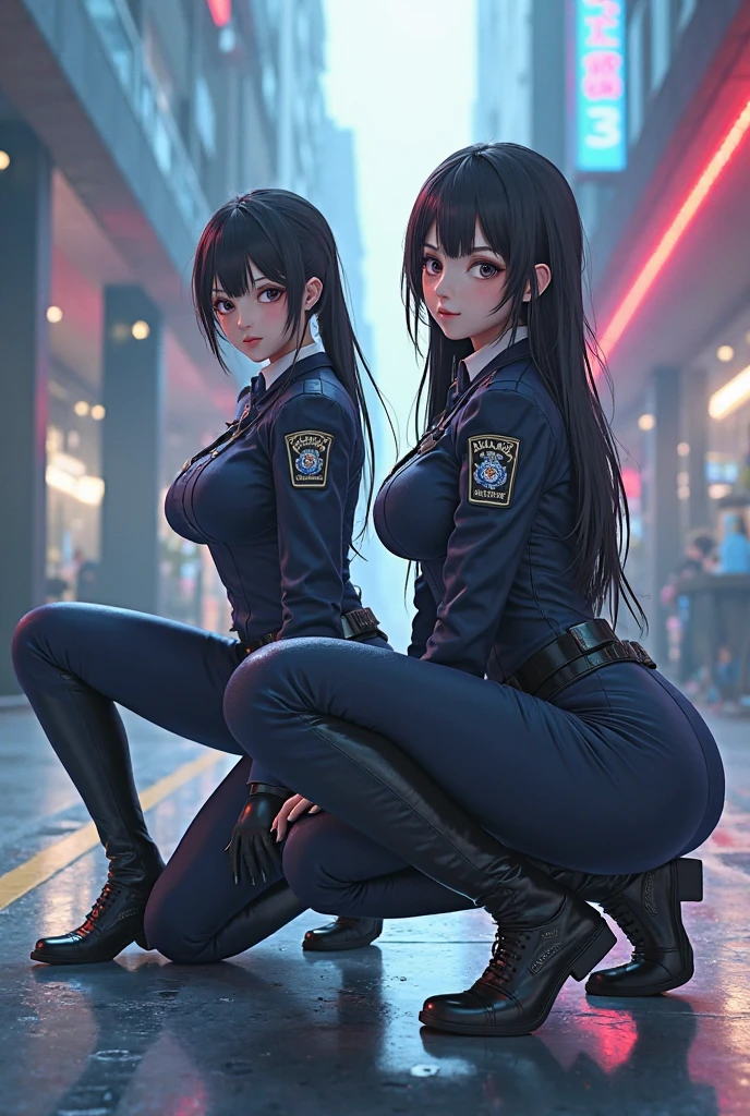 （8K ，Ultra-detailed，Super real photos，Best masterpiece，Nature，perfect work of art，perfect female body），two women，Sister and sister， sisters，rainbow hair，perfect face，（huge tits），neighbor wife，woman hairstyle，elegant wife，At the police station，Exquisite and ，wearing police officer uniform，police uniform，super short thong，穿着低胸露肩police uniform，T-shaped small，huge  big，naked leg，full body shot，elastic muscles，raised raised raised，Obscenity exposed

