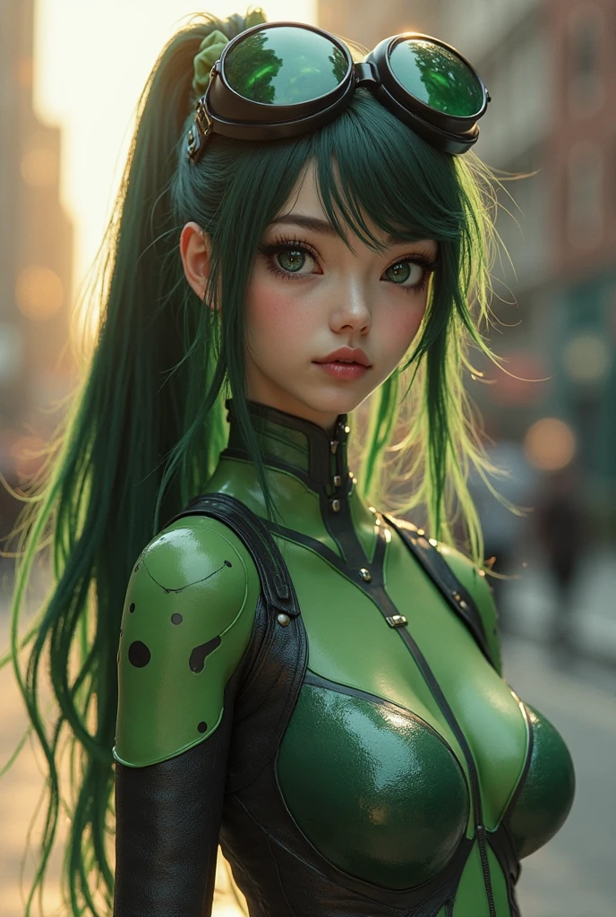 spider-woman, black suit, dangerous, beautiful eyes, green hair, half body, masterpiece, ultra high details, Tokyo city
