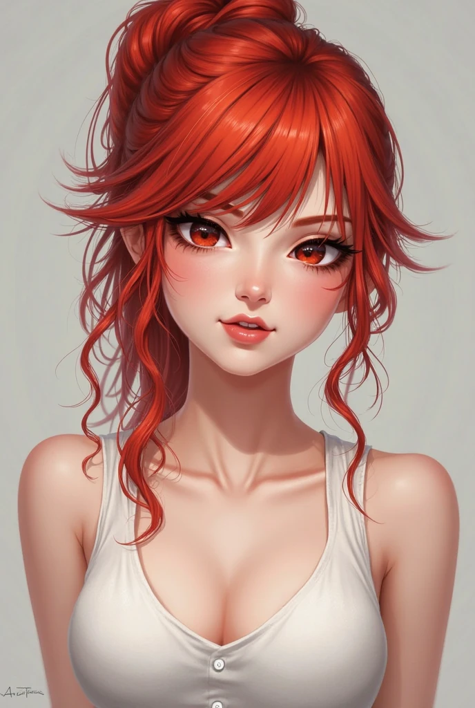 girl, solo, long hair, side top twin tails, red curly hair, bangs, slim body, very large breasts, ball shaped breasts, red pupils, cleavage, red eyes, red glowing contact lenses, hair between eyes, very long hair, red hair, solo focus, lips, drill curls, Japanese with a kind face, five fingers, reality, robot