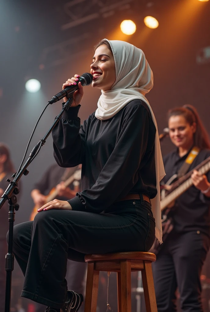 A woman wearing a hijab sings in front of a microphone with a headset on.