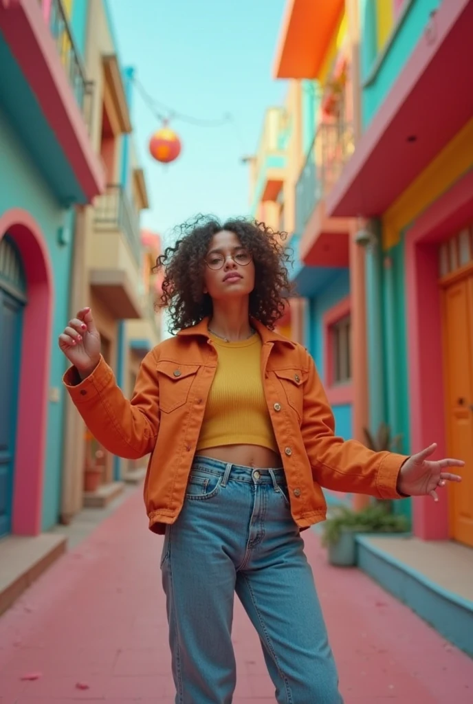 full body, Mexican 30 year old female. photorealistic, wearing a colorful oversized blouse over, pink and yellow lingerie, gen-z style, small crew neck, colorful background, ultra hd, realistic, vivid colors, highly detailed, UHD drawing, pen and ink, perfect composition, beautiful detailed intricate insanely detailed , 8k artistic photography, soft natural volumetric cinematic perfect light