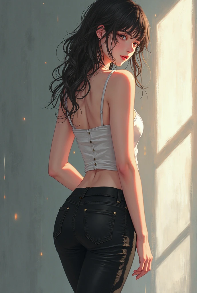1 garota, (from behind:1.3), olhando para o espectador, olhos ciano, cabelo prateado, Cabelo longo, orelhas de gato, Alunos brilhantes, corar, boca aberta, (curvado:1.3), (foco na bunda:1.3), black pantyhose, shorts jeans, tennis, medium breasts, (Black Bra:1.3), dentro de casa, melhor qualidade, ultra-detalhado, realista
