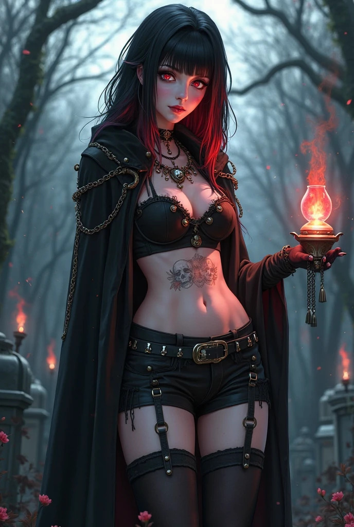 1girl, solo, adult 25+, beautiful face, perfect face, green eyes fluffy and long eyelashes, witch,( black very long hair:1.5), red lips, smokey ice makeup, black hood, black long witch dress, plunging neckline, perfect medium size breasts, black necklace with red stones on her neck, hourglass figure, slim, black gloves on her hands, black rings on fingers, bare thigh,( black tattoo in the form of a wide stripe on thigh:1.5), high black heels on feet, killer look, looking at the viewer ahead from under the forehead, walks through the forest,( hand forward:1.5),( in his hand a layer of fire:1.5), fire magic, in the other hand a staff decorated with red stones,( dark forest:1.5),( night:1.1), many fireflies, many details, many scenery, cinematic scene, dynamic scene