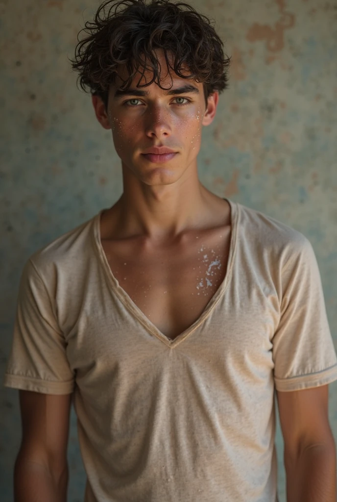 Young man , face perfect, honey eyes , skinny sexy , wearing no shirt, muscular straight rebellious hair, He is sitting at the table eating cornmeal cake with coffee., dirty poor kitchen, falling apart, in favela , He's hungry , is 15 years old
