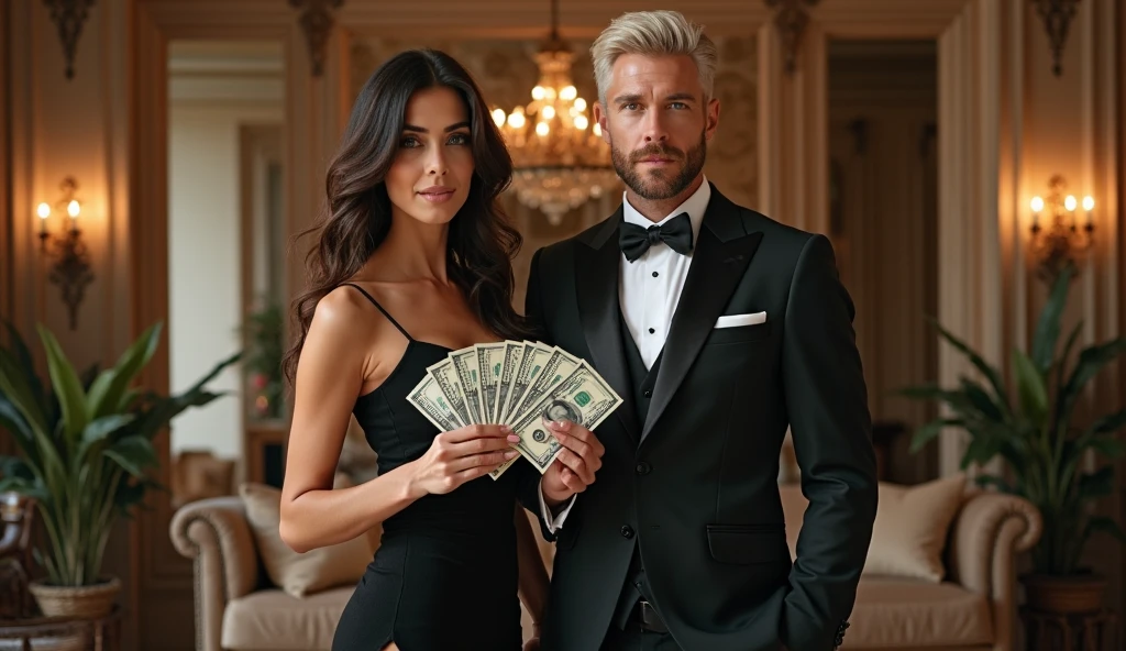 man counting many dollars, sunglasses, ferrari at the door of the house, with friends, his wife with her hands full of diamonds