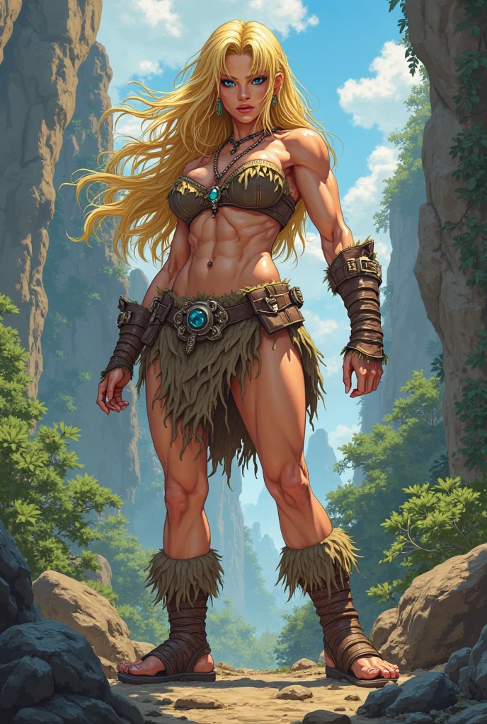 detailed, masterpiece,HDR, detailed sharp, best quality, highres,
1girl, solo,
desert, outdoors,
comic style, lineart,
large breasts,
dynamic pose,
looking at viewer,
Nylese, long hair, blonde hair, jewelry, earrings, elf, fangs, braid,yellow eyes, slit pupils, lipstick, makeup,
armor, armlet, bikini armor, loincloth,collar, thihghighs,
barefoot, <lora:Nylese_v01-000001:0.70>