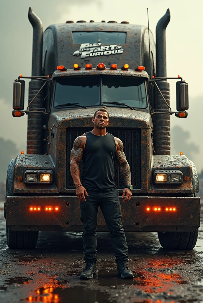 29 years old muscular auto mechanic upper body bare in work pants full of oil