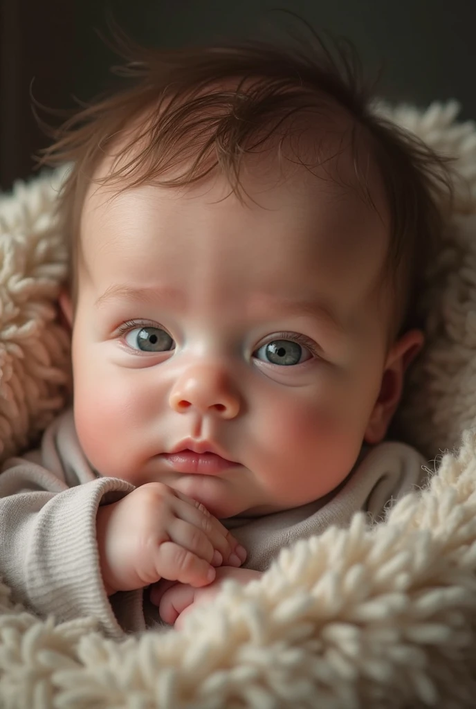 Create an image of a white baby with light brown eyes, slanted eyes. medium light brown hair